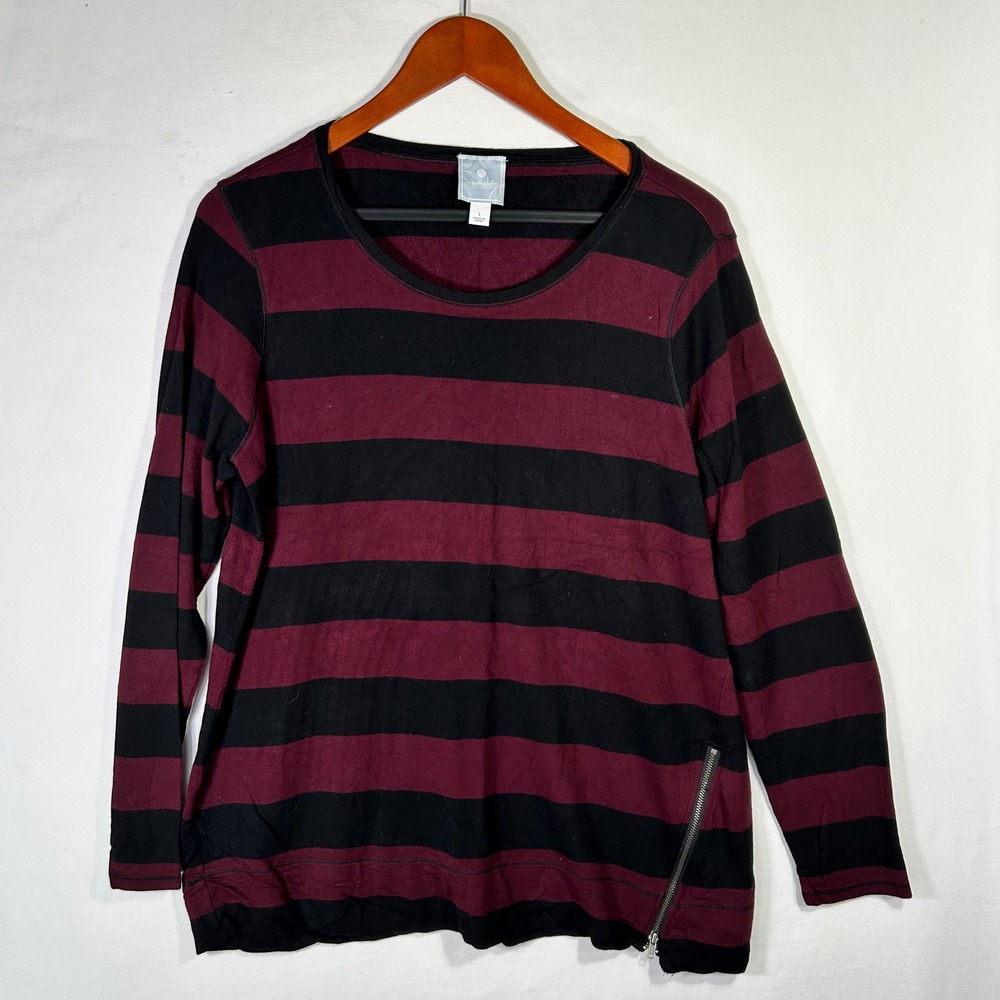 Sunday Women Burgundy Black Striped Long Sleeve Side Zip Top Size L RN 135306